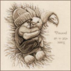 PN-0202245 Cross stitch kit 29x29cm, aid.14 Vervaco A BABY WITH A BABY BUNNY