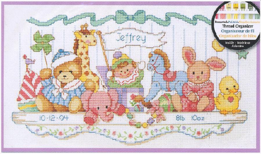 03729 Набор для вышивания крестом DIMENSIONS Toy Shelf Birth Record "Детская метрика. Полка с игрушками". Catalog. Kits