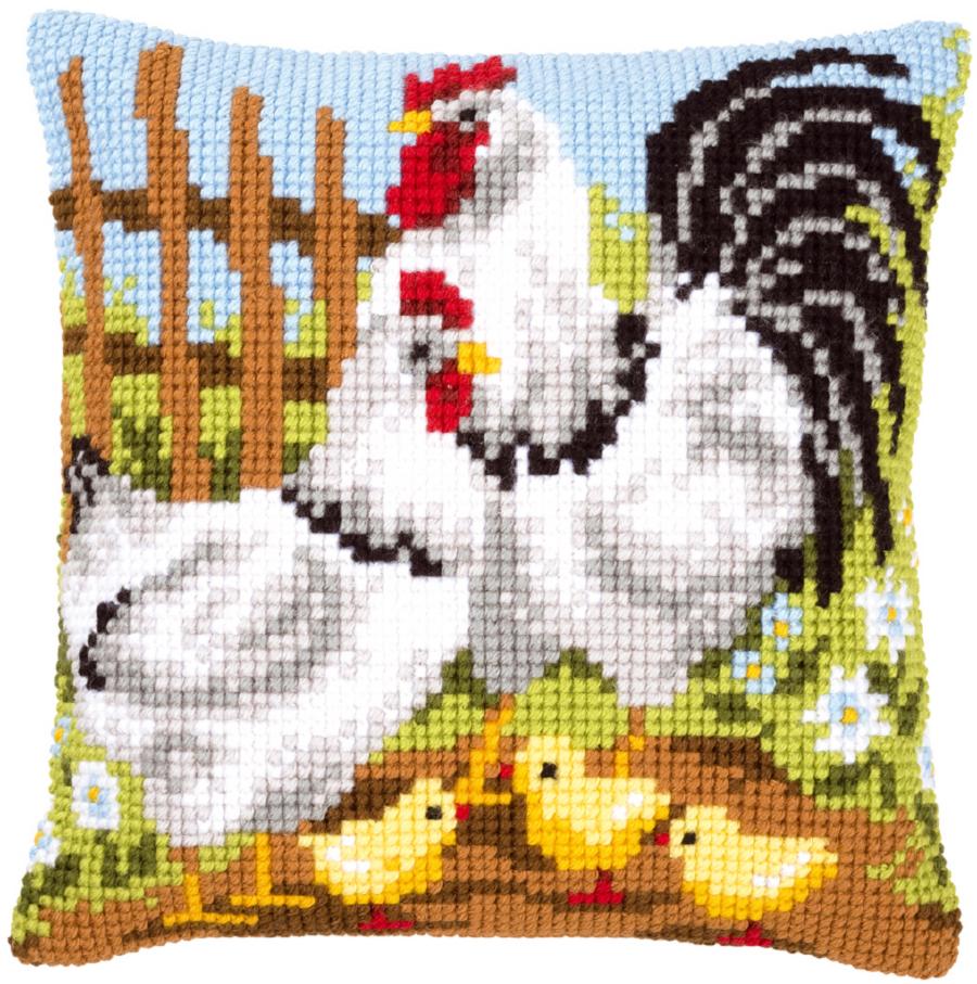PN-0146209 Набор для вышивания крестом (подушка) Vervaco Chicken family on a farm "Куриная семья на ферме". Catalog. Kits