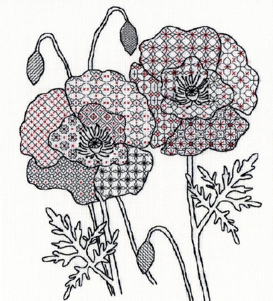 XBW4 Набор для вышивания крестом Blackwork Poppy "Мак" Bothy Threads. Catalog. Kits