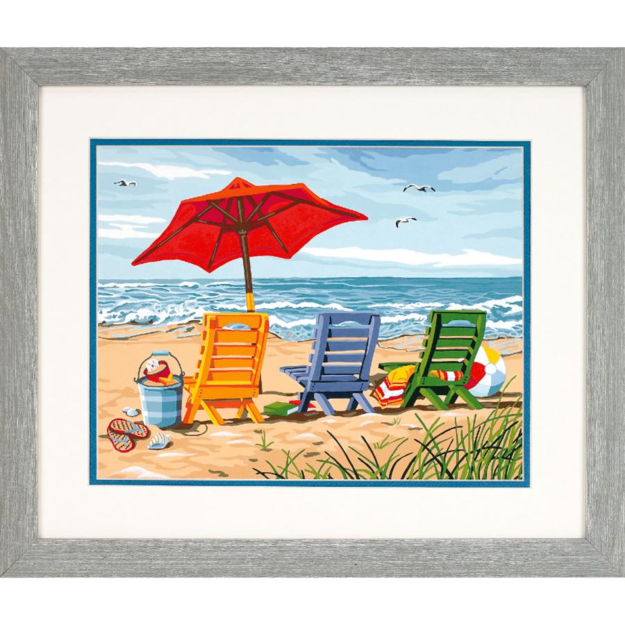 91316 Набор для рисования красками по номерам Beach chair trio "Трио шезлонгов на берегу" Dimensions. Catalog. Kits